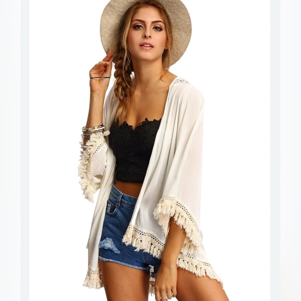 🌻MARYLEY Cropped Cotton & Crochet Lace Kimono, Sz M-L